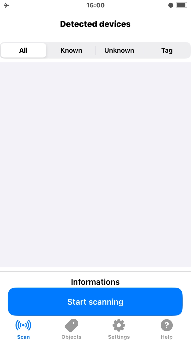 ObjectRadar Bluetooth device scanning screen
